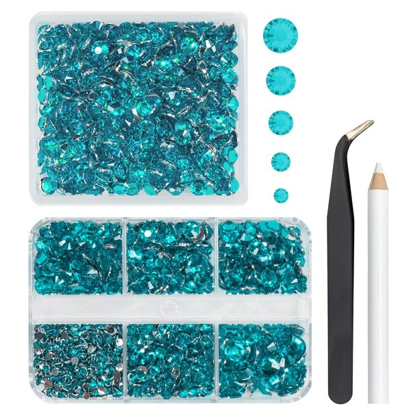 qiipii 3060PCS Blue Zircon Resin Crystal Rhinestones for Crafting Turquoise Blue Flatback Gems 2mm 3mm 4mm 5mm 6mm Non-Hotfix Stones Diamonds for Nails Face Eyes Makeup Body Tumblers Mugs DIY Crafts