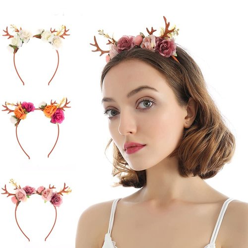 Wiwpar Antlers Headband Hair Clips Hair Hoop Flower Crown Floral Headband Festival Christmas Cute Deer Headband Hair Accessories for Women Girls (White)