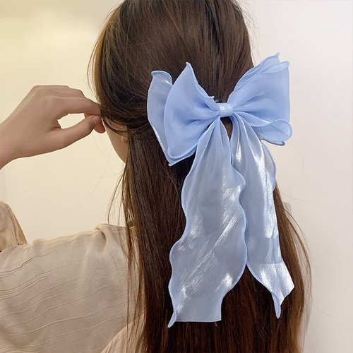 papasgix Hair Bow Clips for Women, Hair Ribbons Big Hair Bow Clips Solid Color Long Silk Ribbon Bow Hair Clip Silk Hair Bows Ribbon for Women Girls (1, Blue)