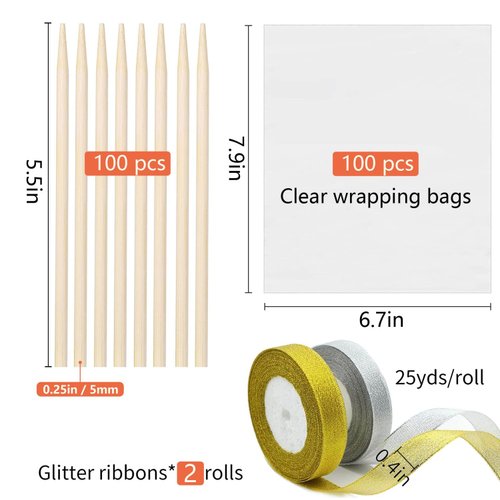 YESTOO 200 Pack Candy Apple Sticks and Bags, Caramel Apple Making Kit, 100 Bags, 100 Pcs Candy Apple Sticks, 50 Yard Gold, and Silver Glitter Ribbon