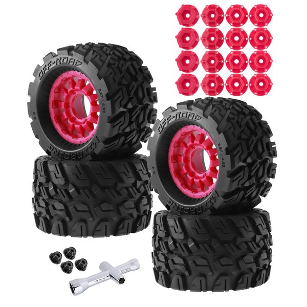 RCMYou RC Truck Tires Wheel 12mm/14mm Hex for 1/10 Arrma Big Rock Granite Vortek/Stampede Rustler Hoss/Axial Losi Redcat Rc4wd,4-Pack RC Wheels Tires,Red