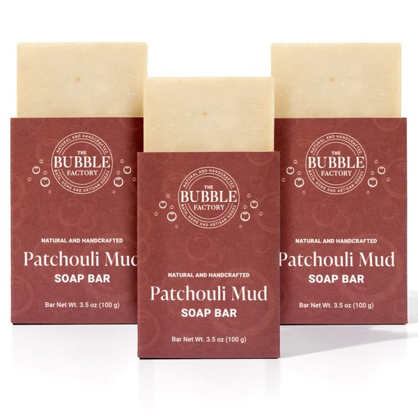 The Bubble Factory Handmade Natural Bath & Body Soap Bar, Vegan, All-Natural, Palm Oil Free, Made in USA with Shea Butter + Essential Oils, Patchouli Mud, 3 Bars