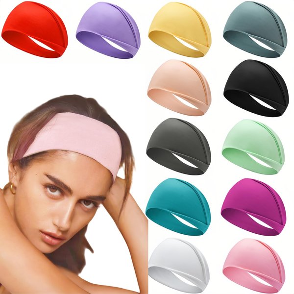 SHUCHNOYE 12-Pack Headbands for Women Hair Wide Band Non-Slip Workout Bands for Sports, Yoga, Running, and Fitness