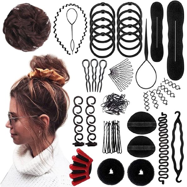 Hann 73 pcs Hair Braiding Tool with Brown Hair WIG BUN, Hair Styling Tools Accessories Hair Magic Bun Maker Hair Bun Donut Hair Bobby Pins and Elastic Bands Kit for Women Kids