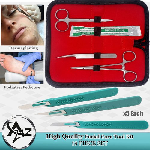 Dermaplaning Cleaning Kit 19 Pcs with Carrying Case - Disposable Scalpel #16,11 &10, Stainless Steel Scalpel Blades Plastic Handle, Tweezers, Scissors, Hemostat - Suitable for Dermaplaning and More