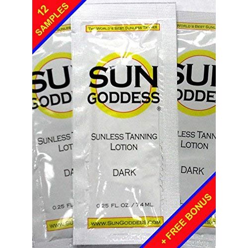 Sun Goddess - TWELVE (12) Sunless Self Tanning Lotion Samples + 1 Sunless Self Tanning Applicator Mitt + 1 Pair Sunless Self Tanning Application Gloves - Sun Goddess - Best Sunless Self Tanner Lotion