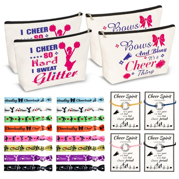 BEDSIFV Cheerleader Gifts, 24pcs Cheerleading Gifts for Girls 4 Cheer Makeup Bags 16 Hair Ties 4 Wish Bracelets Personalized Cheer Stuff for Cheerleaders Cheer Sister Cheer Mom