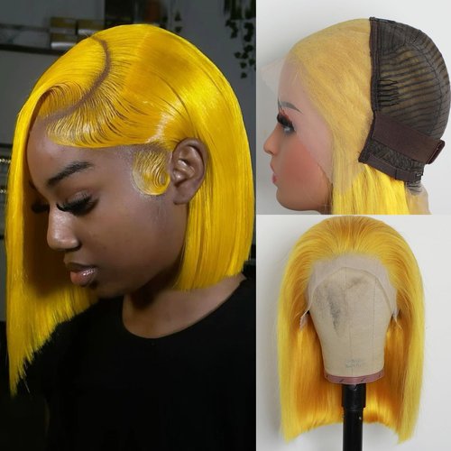GIRLOFDREAMS Yellow Short Bob Wig Human Hair 13x4 Straight Lace Front Wigs Glueless 180 Density Pre Plucked with Baby Hair Brazilian Remy Colored Hair Transparent Lace Frontal Wigs for Black Women
