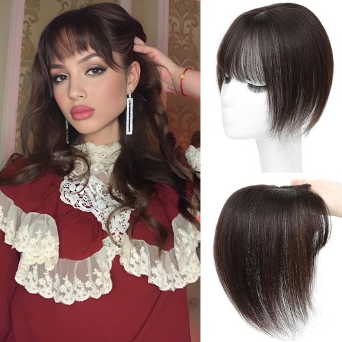 Amchoice Hair Toppers for Women Real Human Hair, Bangs Hair Clip 360° 3D Cover Wipsy Human Hair Topper with Bangs, Human Hair Toppers for Women Daily (Dark Brown)