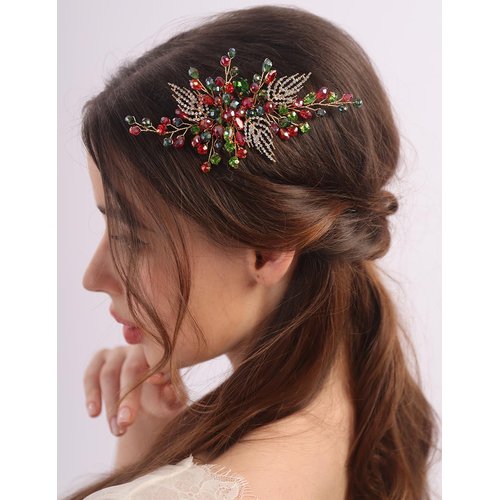 BERYUAN Christmas Rhinestone Beads Crystal Leaves Hair Comb Red and Green Rhinetone Crystal Hair Comb Rhinestone Headpiece for Christmas Wedding Party for Women (red and green)