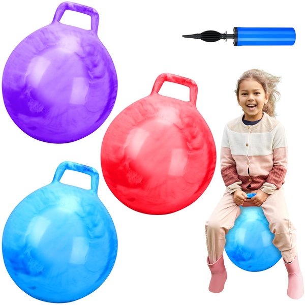 Poen 3 Pcs 18 Inch Hopper Ball Inflatable Bouncy Ball with Handle Hippity Hop Ball PVC Jumping Hopping Ball with 1 Air Pump for Kids Toddler Boys Girls Gifts Games Exercise Ball (Red Blue Purple)