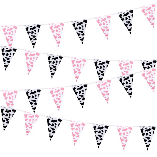 Tatuo 32.8 ft Cow Pennant Banners Cow Banner Cow Pattern Pennant Banner Farm Birthday Party Supplies Farm Style Banner for Western Cowboy Themed Western Party Decorations (Pink)