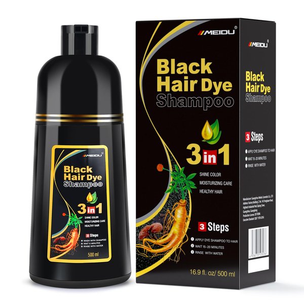 MEIDU Black Hair Dye Shampoo for Gray Hair, Semi-Permanent Hair Color Shampoo for Women and Men, Herbal Ingredients, Instant Hair Coloring Shampoo 100% Grey Hair Coverage (17.6 Fl oz)