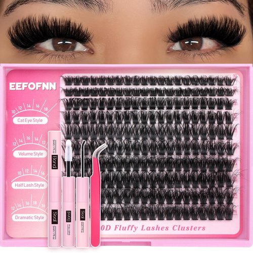 Eefofnn DIY Lash Extension Kit 100D Eyelash Clusters Kit 10-18mm Fluffy Individual Lashes Bond and Seal Glue Tweezers 200pcs Faux Mink Eyelash Extension D Curl Fluffy Lash Clusters for Beginners