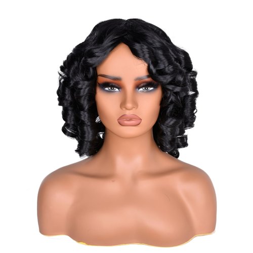 SOFUN Short Curly Wigs for Black Women Afro Curly Wig with Bangs Loose Cute Curly Fluffy Wavy Big Bouncy Fluffy Curly Wig(Black)