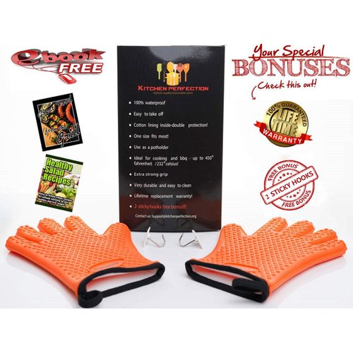 KITCHEN PERFECTION Silicone Smoker Oven Gloves -Extreme Heat Resistant BBQ Gloves -Handle Hot Food Right on Your Grill Fryer Pit|Waterproof Oven Mitts |Superior Value Set+3 Bonuses