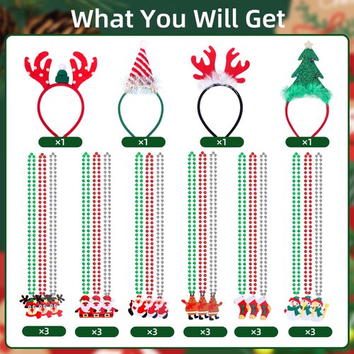 Atonofun 22 Pcs Christmas Party Favors, Christmas Costume Accessories with Xmas Beaded Necklaces Christmas Headband for Kids Christmas Party Gifts Decorations