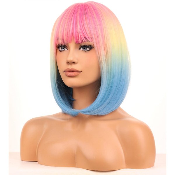 BERON Rainbow Ombre Wigs for Womens with Bangs Straight Colorful Bob Wig Girls Multi-color Heat Resistant Synthetic Cosplay Party or Daily Used Wigs