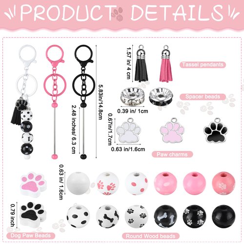 Landical 12 Sets Metal Beadable Keychain Bars with Wood Dog Paw Bone Beads Wooden Beads Bulk Pets Footprint Charm Animal Beads Keychain Kit for Kids Easter DIY Craft Party Decor (Pink, Black, White)