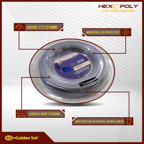 Golden Set Hex Poly 17g (1.23mm), Reel (660ft/200m), Polyester Tennis String (Silver)