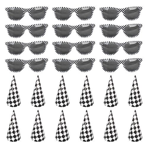 LTplazhi 24Pcs Race Car Party Supplies Favors Set Include 12 Race Car Checkered Sunglasses 12Black and White Checkered Cone Hats for Teenagers and Adults Birthday Decorations