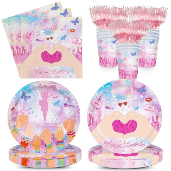 120pcs Concert Birthday Party Decorations, Eras Party Supplies Include Heart Hands and Friendship Bracelets Paper Plates Napkins Cups Forks for Girl, Bachelorette Decorations, Serve 24