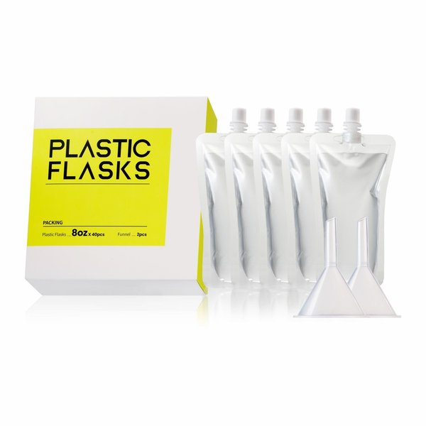 40 Pcs Plastic Flasks, Easy to carry and Concealable Drink Pouches for party,travel, Leak-Proof Food Grade Plastic (40, 8 OZ)