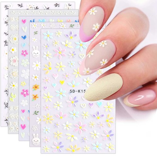 3D Embossed Flower Nail Art Stickers Decals 5 Sheets 5D Self-Adhesive Pegatinas Uñas Colorful Daisy Blossom Floral Nail Supplies Nail Art Design Decoration Accessories