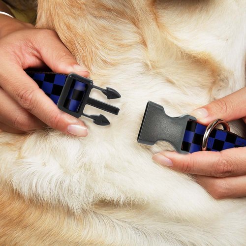 Dog Collar Plastic Clip Checker Black Blue 13 to 18 Inches 1.5 Inch Wide