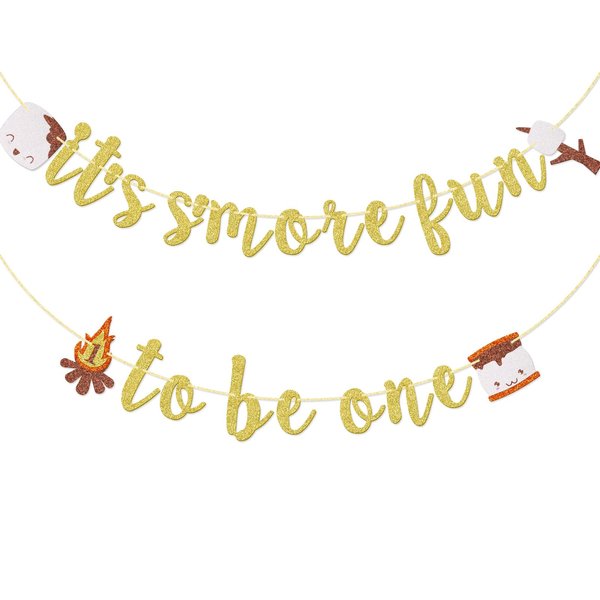 It’s S’more Fun to Be One Banner, Camping Themed 1st Birthday Banner, S'mores Birthday Banner for Baby Boy and Girl, One Happy Camper, Outdoor Camping Birthday Decorations (Gold Glitter)