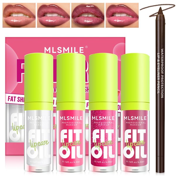 HOSAILY 4 Colors Hydrating Fat Oil Lip Gloss Plumping + Lip Liner Set, Shiny Long-Lasting Lip Glow Oil, Moisturizing Big Brush Head Clear Pink Glitter Tinted Lip Gloss Combo Makeup Present for Women