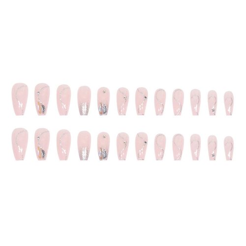 Enppode Coffin Press on Nails Long Fake Nails with Rhinestones Pink Stick on Nails for Women