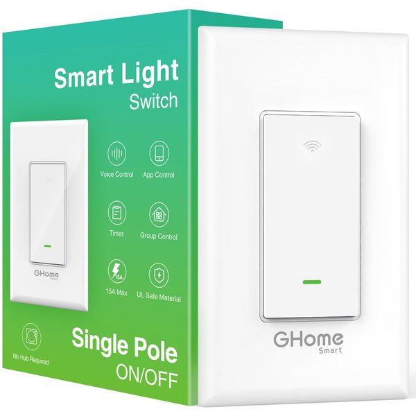 GHome Smart Switch, 2.4Ghz Wi-Fi Light Switch Compatible with Alexa, Google Home, Neutral Wire Required, Single-Pole,UL Certified,Voice Control and Timer, No Hub Required,1 Pack, White (SW5-1)