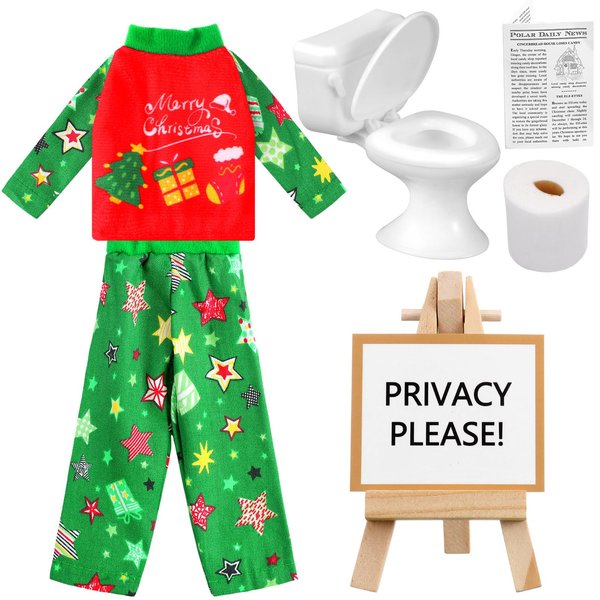 Outus Christmas Elf Doll Accessories Christmas Elf Newspaper and Toilet Set, Pajamas Toilet Newspaper Display Stand Card Toilet Paper for Xmas Elf Clothes and Accessories Gift Elf Doll Decorations