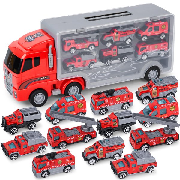 AMOR PRESENT 21PCS Fire Truck Toy Set, Red Carrier Fire Truck with Small Rescue Toy Cars Firemen Figures for Kids Birthday Present