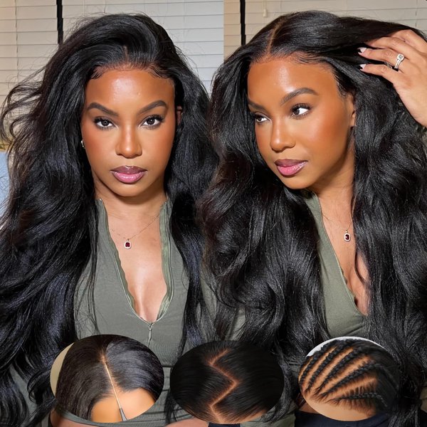 Julia Hair Bye Bye Knots Glueless Wig Yaki Human Hair Lace Wig Invisible Knots Put On and Go Pre Cut 7x5 Lace Front Wigs for Beginners Pre Bleached Pre Plucked No Glue150% Density 16 Inch