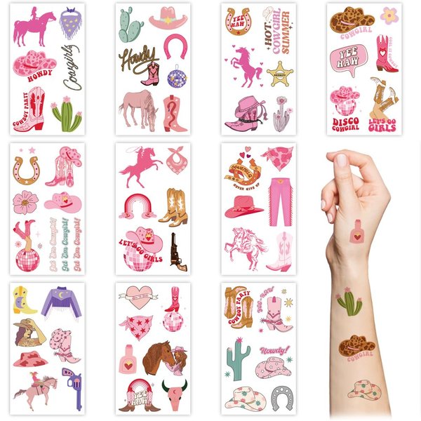 Western Cowgirl Temporary Tattoos,10 Sheets Wild West Pink Disco Cowgirl Cactus Horse Cow Waterproof Fake Tattoo Stickers for Kids Girls Birthday Gifts Party Favor Supplies