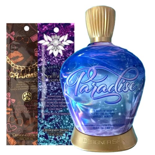 Australian Gold Designer Skin Paradise 21x Bronzer Tanning Lotion with sample packets of Designer Skin Spellbound and Charmed, Blue