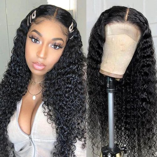 mianduan 13x4 Deep Wave lace Front Wigs Human Hair HD Transparent Deep Curly Lace Frontal Wigs Human Hair for Black Women Pre Plucked 250% Density Curly Wave Lace Front Wigs (Natural Color, 22inch)