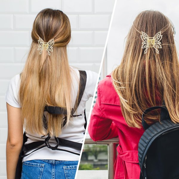 2Pcs Butterfly Hair Claw Clips,Metal Small Butterfly Hair Claw Clips with Rhinestone Pearl Nonslip Clamps Styling Hairclips for Thick Long Hair Women