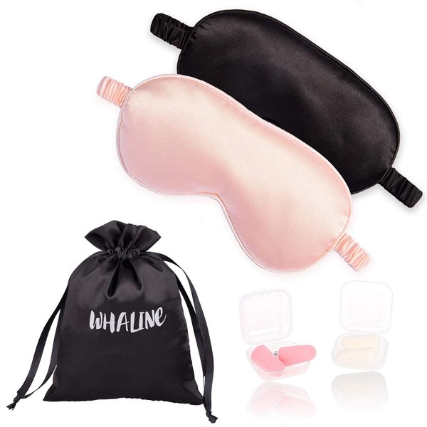 Whaline 2 Pcs Silk Sleep Eye Cover with Ear Plugs and Elastic Strap, Soft and Smooth Eye Cover for Men & Women Night Sleeping, Travel, Nap (Pink & Black)