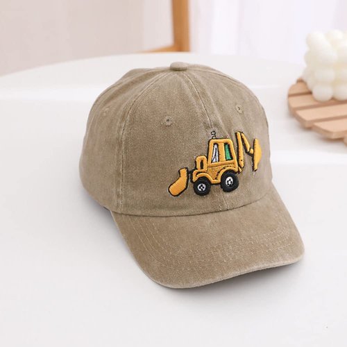 Cute Embroidery Excavator Kids Baseball Cap Adjustable Cotton Washed Vintage Cowboy Hat for Boys Girls Age 2-8 Khaki