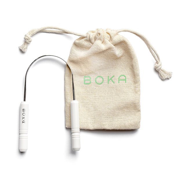 Boka Tongue Scraper for Adults & Kids with Case - Stainless Steel Tongue Cleaner w/Linen Travel Pouch - Scrubber to Remove Tongue Buildup and Freshen Breath (Pack of 1)