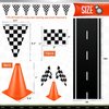 Remagr 22 Pcs Race Car Birthday Party Supplies Racetrack Floor Running Mat Checkered Racing Pennant Banner Black and White Flags on Sticks, Mini Orange Sports Safety Cones for Racing Party