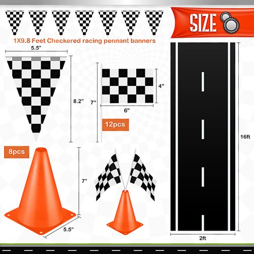 Remagr 22 Pcs Race Car Birthday Party Supplies Racetrack Floor Running Mat Checkered Racing Pennant Banner Black and White Flags on Sticks, Mini Orange Sports Safety Cones for Racing Party