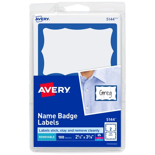 Avery Customizable Name Tags, 2-1/3" x 3-3/8", White with Blue Border, 100 Removable Name Badges (05144)