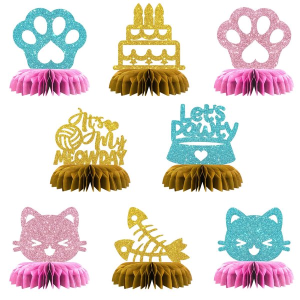 Maicaiffe Cat Birthday Table Honeycomb Centerpieses Decorations - Glitter 8 Pcs Kitten Birthday Party Table Toppers Decor - Baby Shower - Kids Girl Birthday Party Decoration Supplies