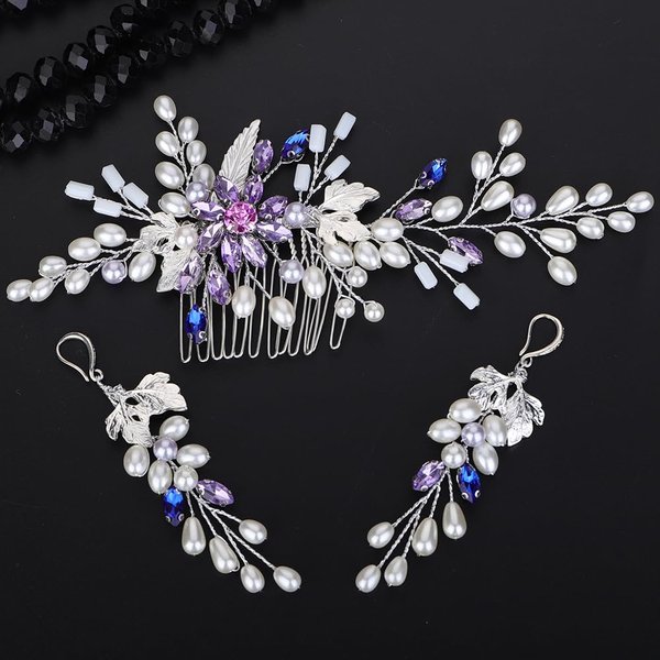 Teyglen Pearl Bride Wedding Hair Comb Purple Rhinestone Flower Hair Piece Silver Leaf Crystal Hair Side Comb Bridal Headpiece Hair Accessories for Women Girls