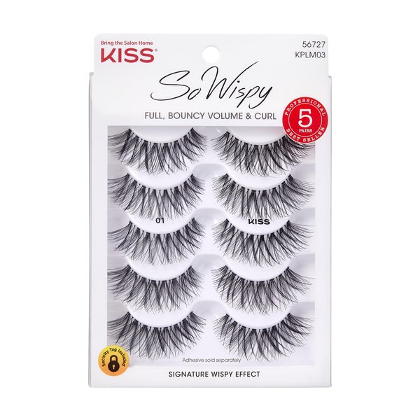KISS So Wispy, False Eyelashes, 'Style #01', 14 mm, Includes 5 Pairs Of Lashes, Contact Lens Friendly, Easy to Apply, Reusable Strip Lashes, Multipack