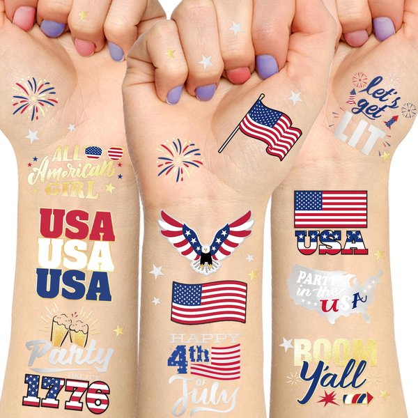AOYOO Fourth of July Decorations Temporary Tattoos America Giltter Tattoos, USA Flag Let's get LIT All American girl Independence/Memorial Day Decorations, Red and Blue Patriotic Party Supplies